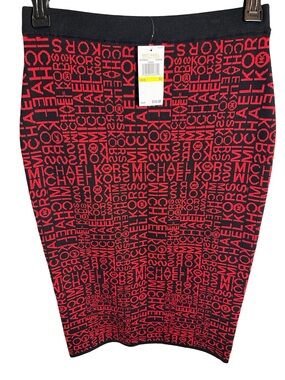 NWT MICHAEL Michael Kors Red and Black Logo Jacquard Pencil Skirt